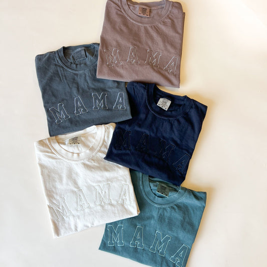 Neutral Mama Tee - Embroidered Varsity Design - Tonal