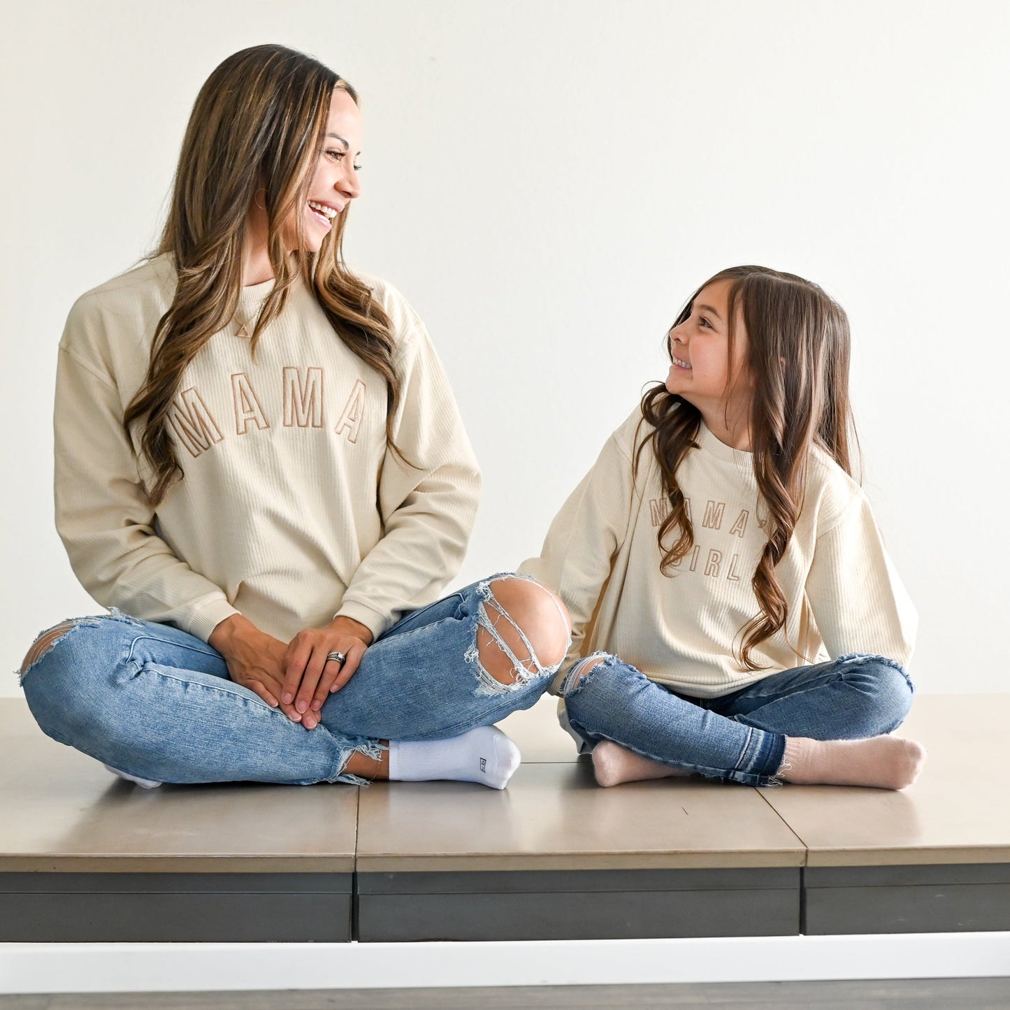 Mama's Girl Embroidered Outline Corded Crewneck - Ivory