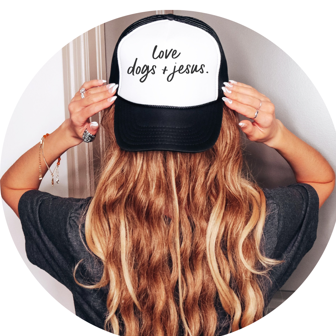 Love dogs + Jesus trucker hat