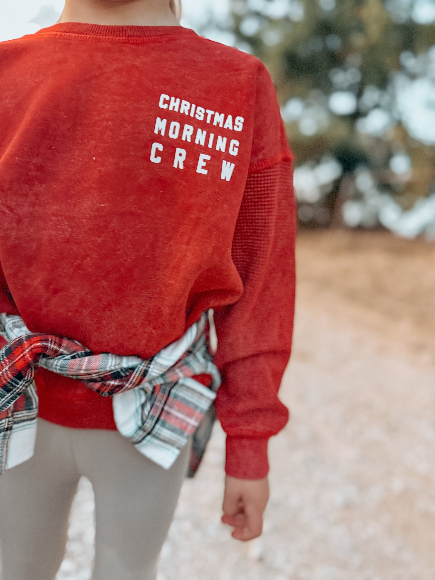 Christmas Morning Crew Child Waffle Sleeve Crewneck - Ruby