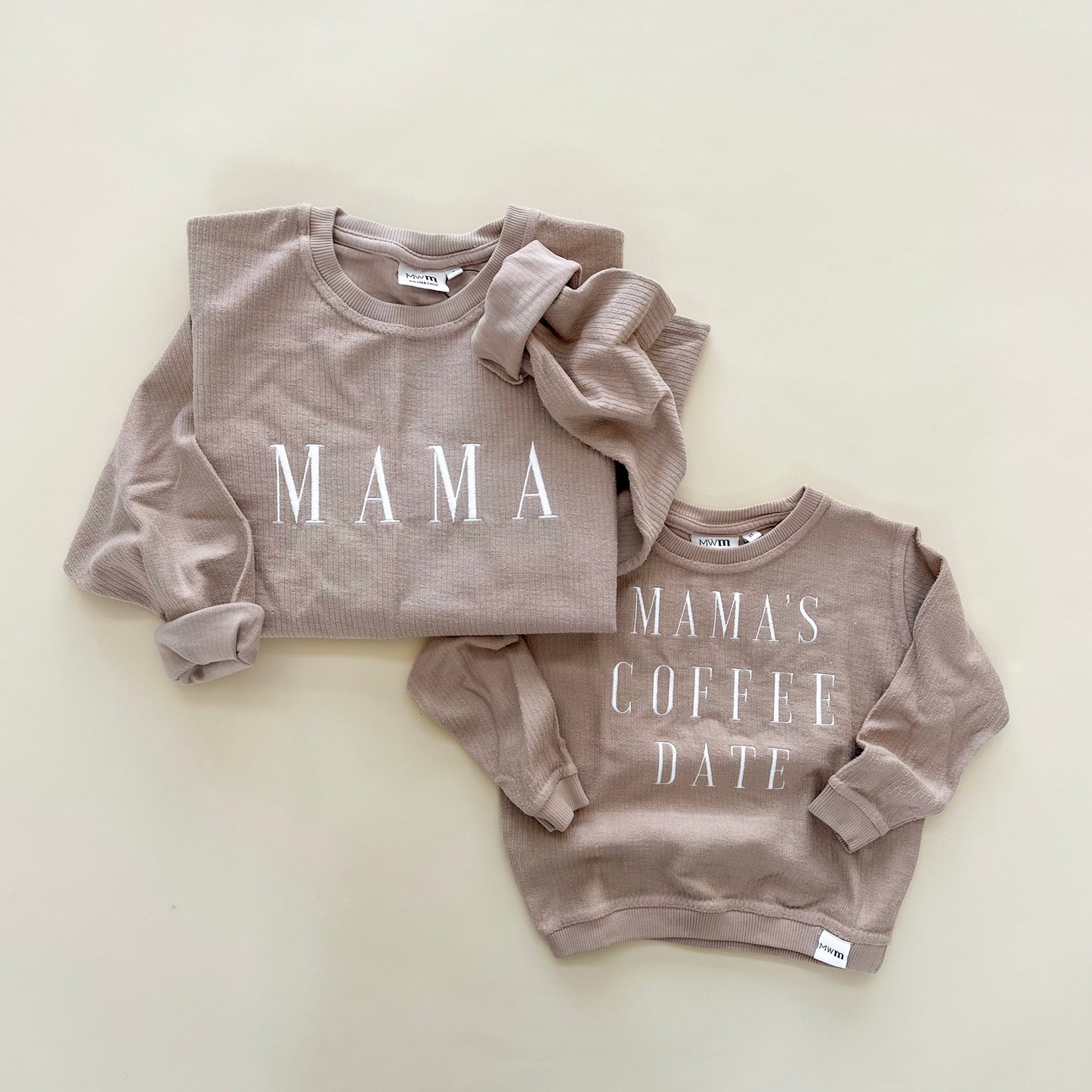 Mama's Coffee Date Embroidered Corded Crewneck - Latte