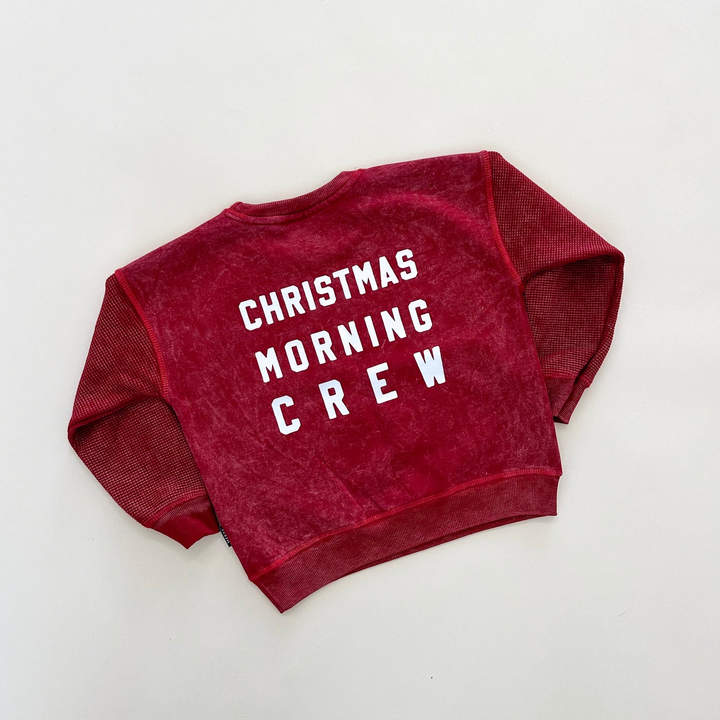 Christmas Morning Crew Child Waffle Sleeve Crewneck - Ruby