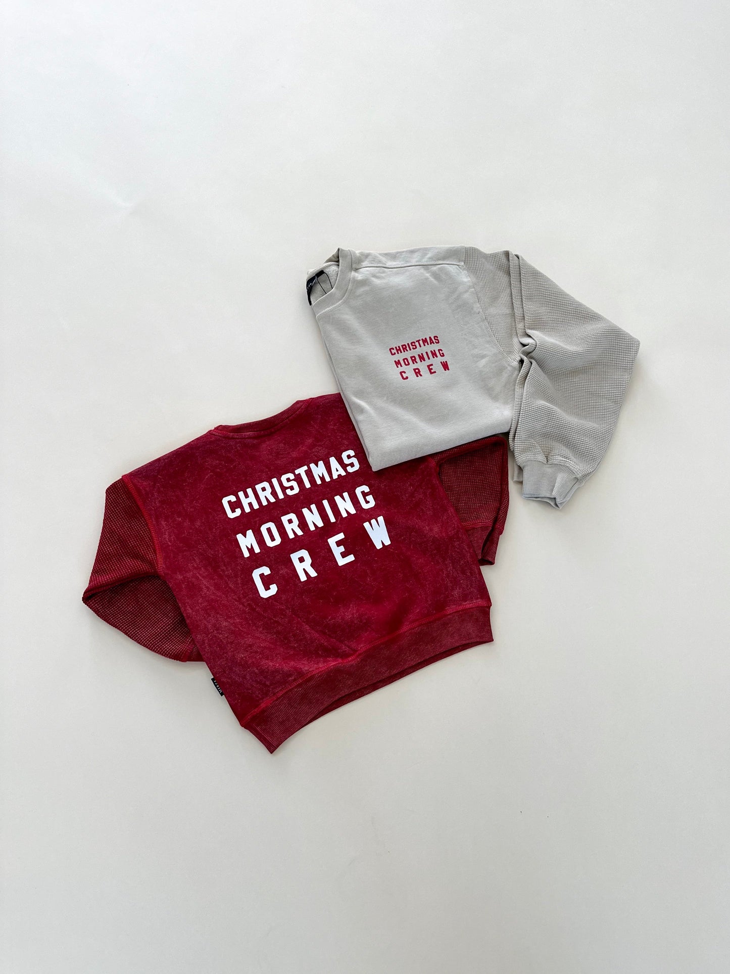 Christmas Morning Crew Child Waffle Sleeve Crewneck - Ruby