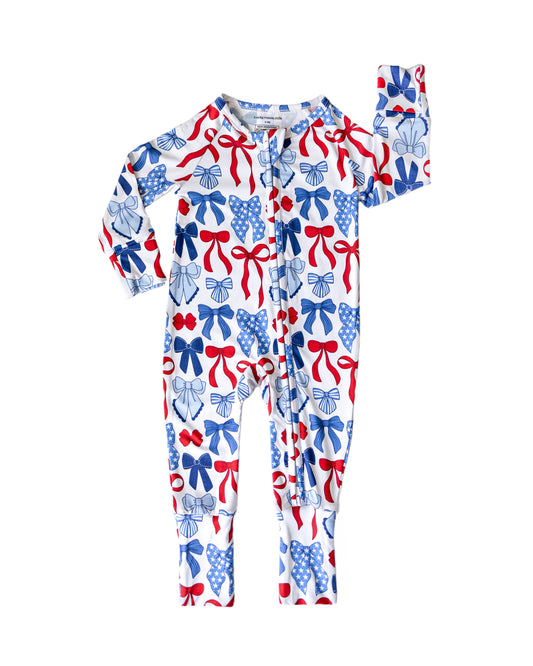 Bamboo Zip Romper  | Red-White & Bows