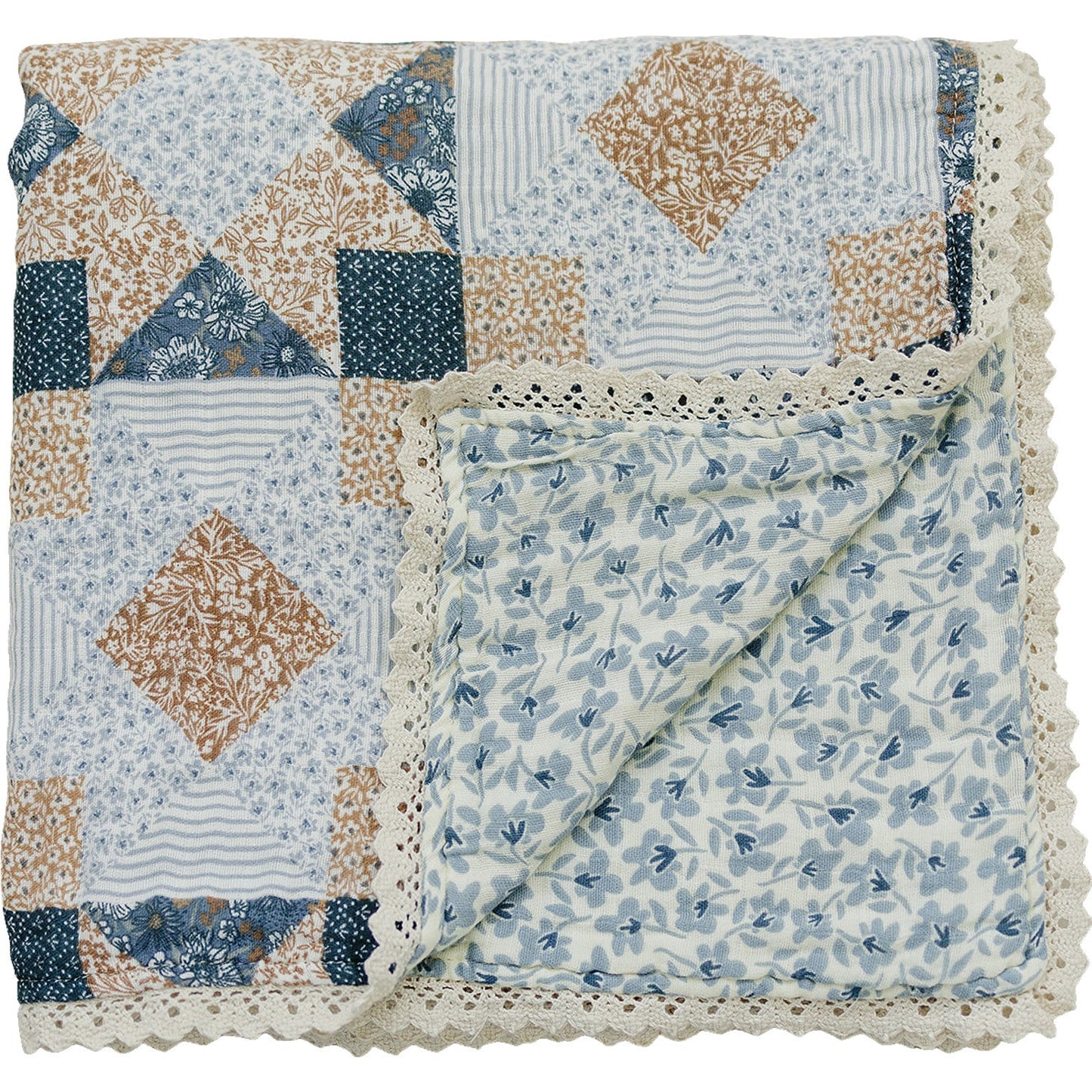 Patchwork Print + Blue Blossom Lace Muslin Quilt