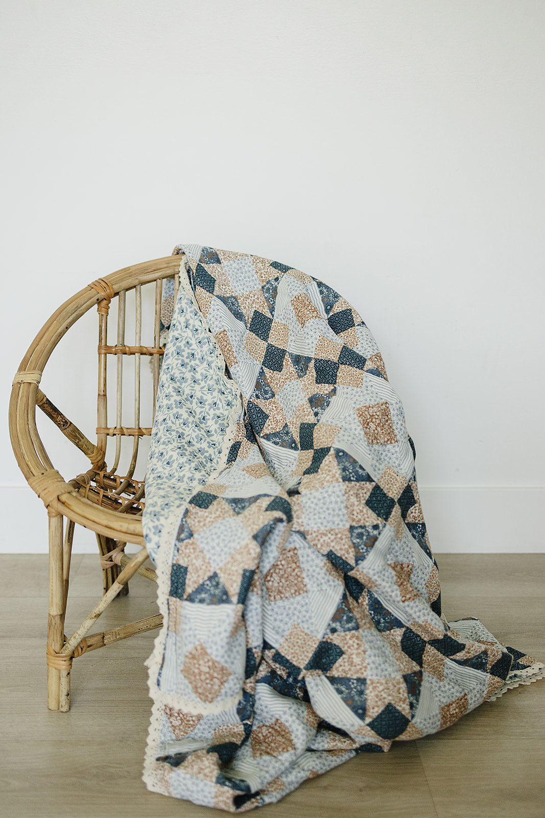 Patchwork Print + Blue Blossom Lace Muslin Quilt