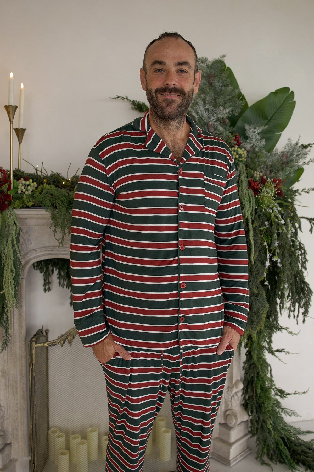 Men's Bamboo Button Up Lounge Set | Holiday Stripe