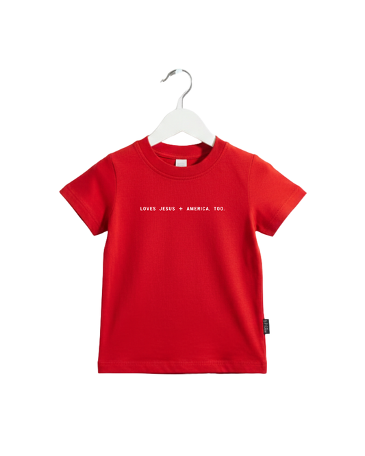 Loves Jesus + America, Too. Kids/Youth Tee
