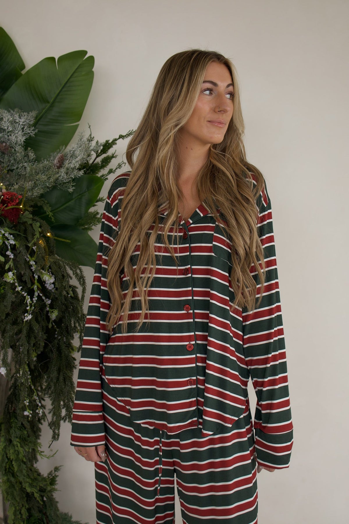 Women's Bamboo Button Up Lounge Set | Holiday Stripe