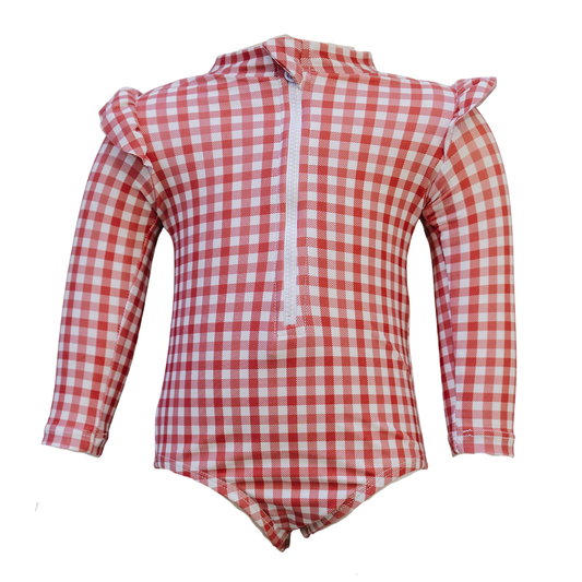 Gingham Long Sleeve Ruffle Zipper One-Piece