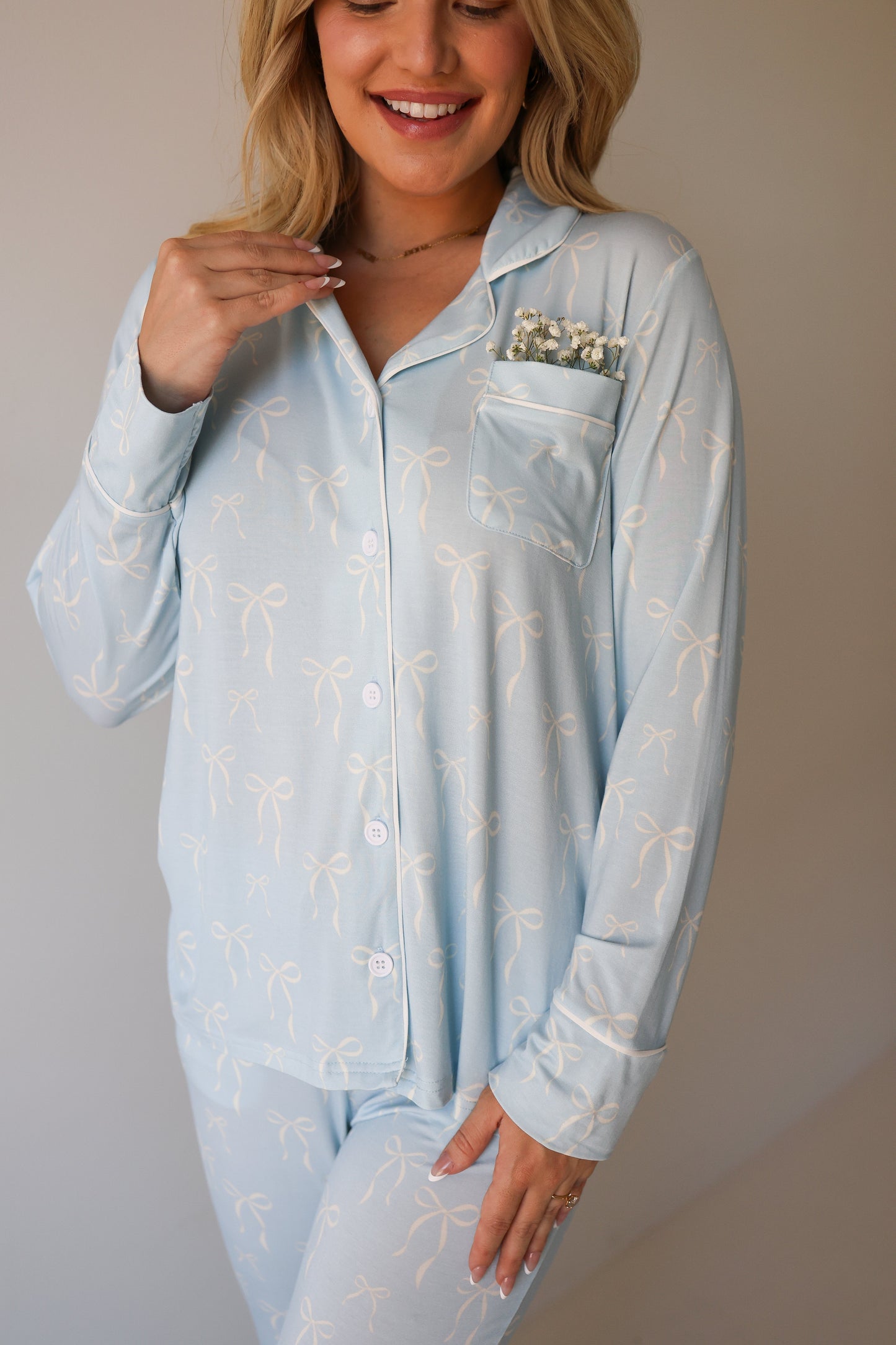 Women's Bamboo Button Up Lounge Set | Blue Bows