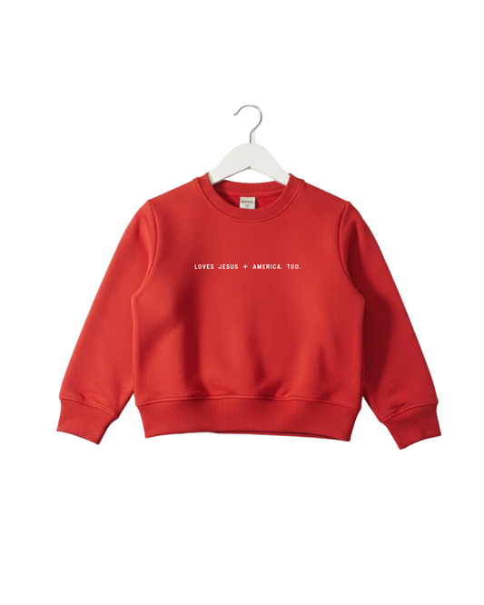 Loves Jesus + America, Too. Kids/Youth Sweatshirt