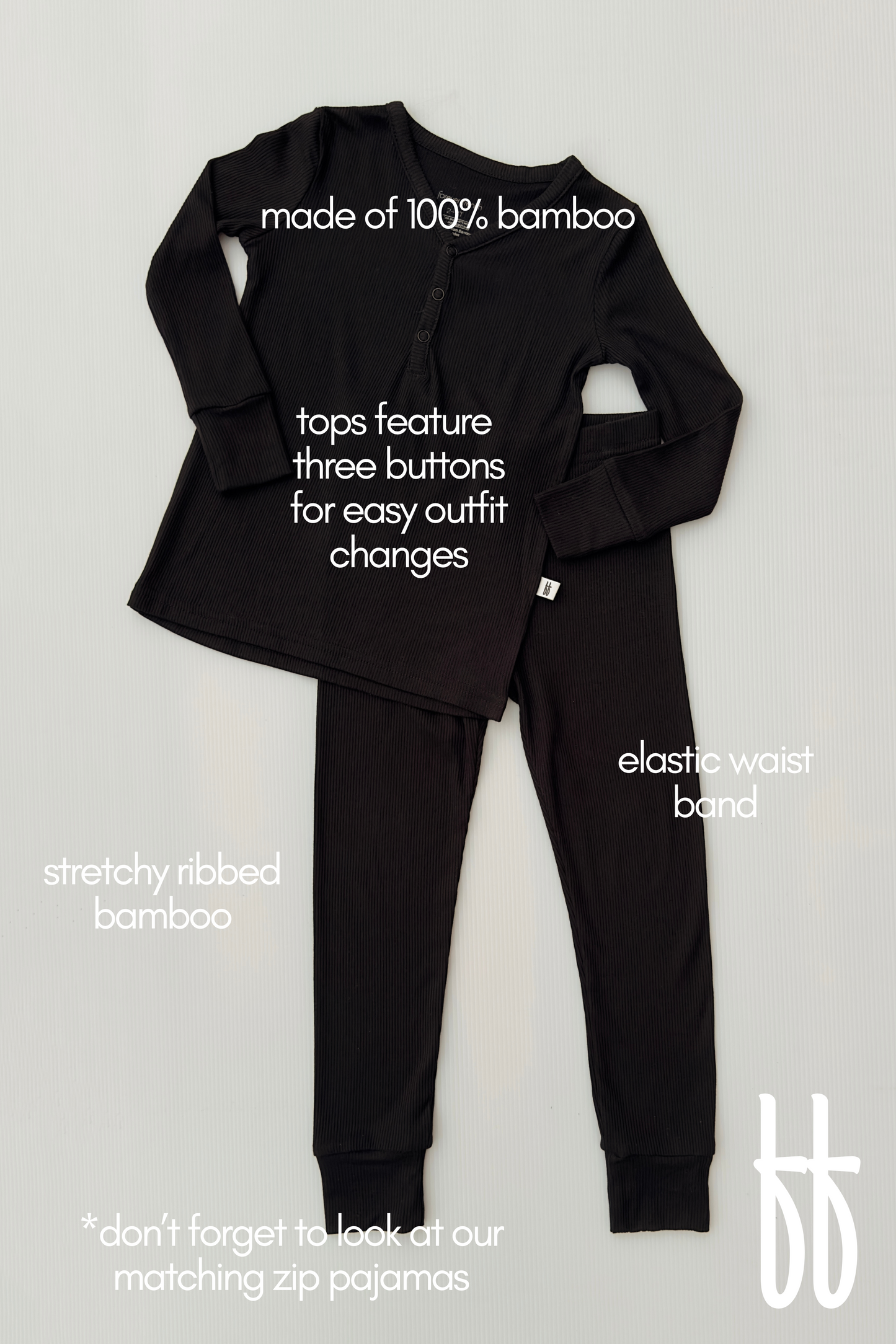 Bamboo Two Piece Pajamas | Ribbed Black