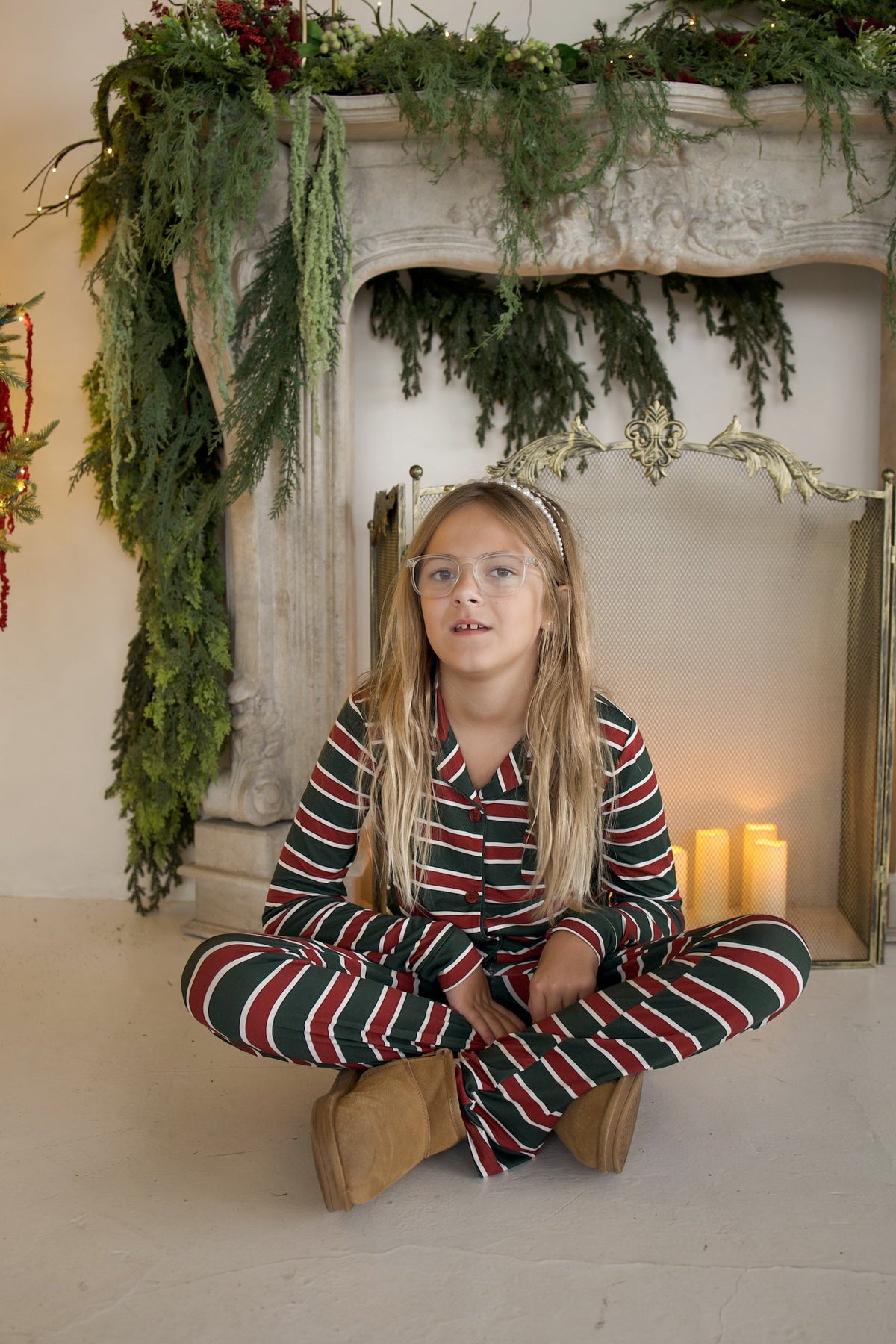 Girl's Bamboo Button Up Lounge Set | Holiday Stripe