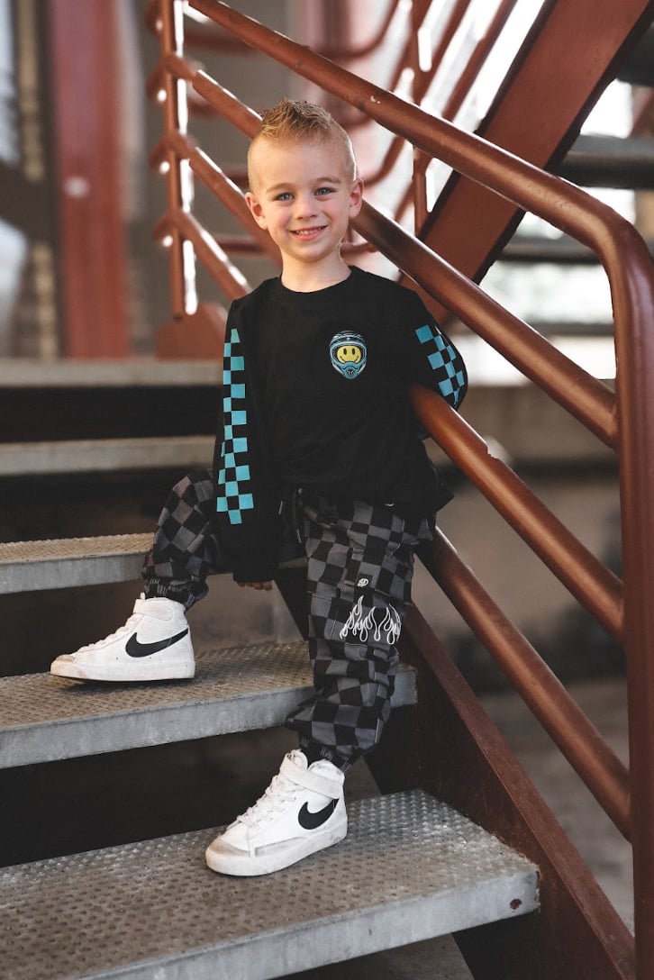 BLACK & GREY CHECKERED FLAME • CARGO JOGGERS