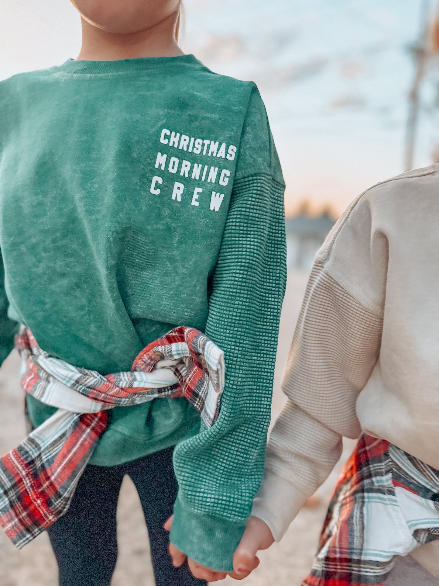 Christmas Morning Crew Child Waffle Sleeve Crewneck - Pine