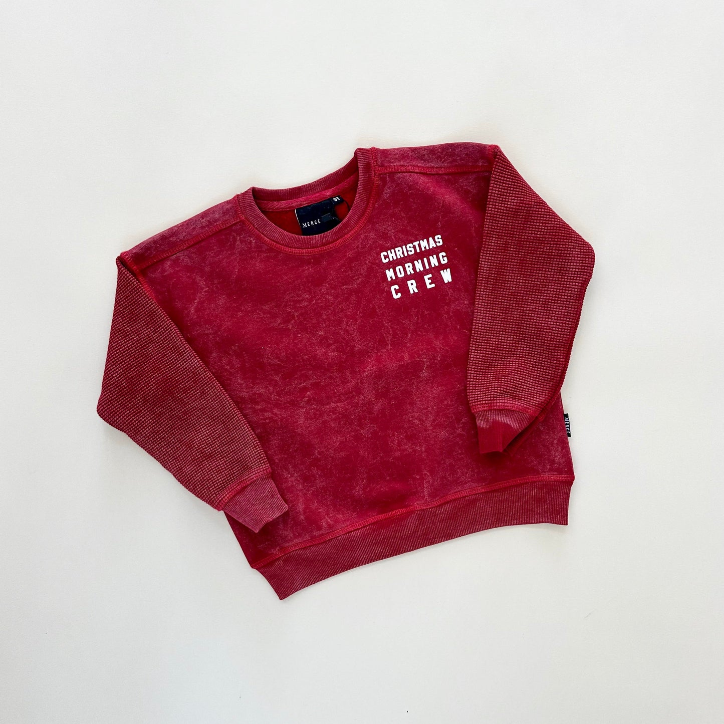 Christmas Morning Crew Child Waffle Sleeve Crewneck - Ruby