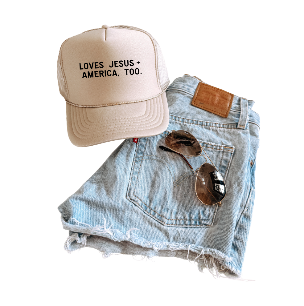 Loves Jesus + America, Too Trucker Hat