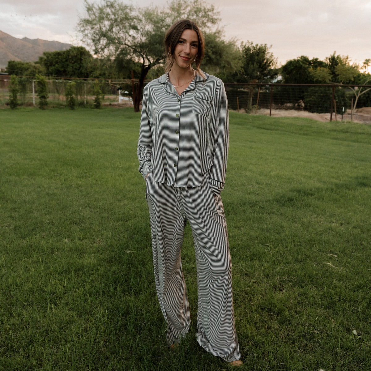 Women's Bamboo Button Up Lounge Set | Forest Stripe Ribbed