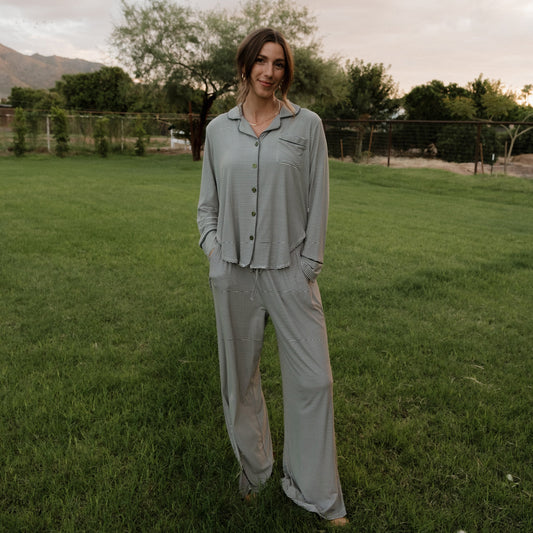 Women's Bamboo Button Up Lounge Set | Forest Stripe Ribbed